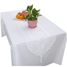 KYEYGWO Hollow Lace Table Runners Elegant Mesh Tablecloth Vintage Macrame Table Cover with Tassels for Rustic Boho Wedding Reception Decoration Bridal Showers, 58'' x 13'' cm White