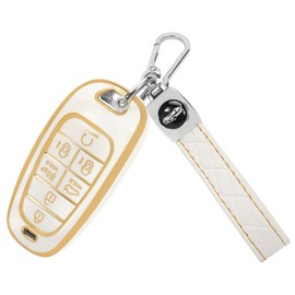 TOMALL for Hyundai Key Fob Cover with Keychain, 7 Buttons Soft TPU Key Fob Protector Compatible with 2023 Hyundai Sonata Santa Fe Tucson Palisade, 2019-2021 Nexo, White