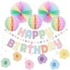Pastel Birthday Decorations Macaron Happy Birthday Banner Pastel Paper Fans Honeycomb Balls, Flower Hanging Swirl Streamer Pastel Rainbow Birthday Party Decorations for Girls Spring Wedding Decor