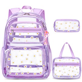 ACESAK Clear Backpack for Girls - 3 Pcs Clear Backpack Heavy Duty with Lunch Bag - See Through Backpack Clear Bookbag Stadium Approved for Kids Middle High College School Sport Travel (Purple Daisy)