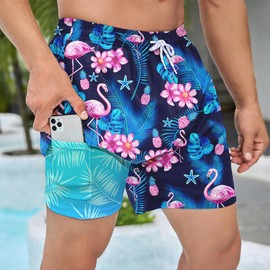 Rashmika Mens Swim Trunks with Compression Liner Flamingo Flower Swim Shorts 5 Inch Quick Dry Mens Board Shorts