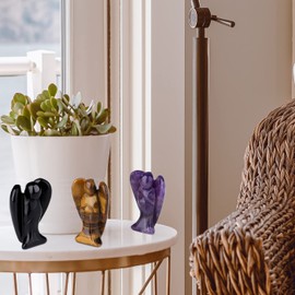 ZHIYUXI 3pcs Amethyst Tiger Eye Obisdian Angel Statue Healing Crystals Stones Guardian Statues Natural Quartz Gemstone Carved Polished Pocket Stone Crystal Angel Figurines 1.5"