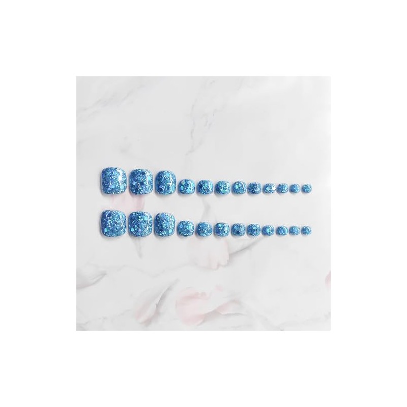 NEURAD Nail Tips for Feet, Sea Blue, 24 Pieces, Glitter,