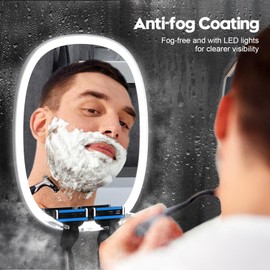 Widitn LED Shower Mirror Fogless for Shaving, Adjustable Shaving Mirror with Razor Holder, 3 Colors Dimmable Lighting, Wall-Mounted, Shatterproof Anti-Fog Bathroom Shower Mirror for Man