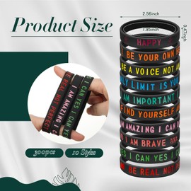 Hotop 300 Pcs Motivational Wristbands Silicone Bracelets Stretch Inspirational Bracelets Bulk Rubber Wristbands with Quotes for Men Women Adults Party Favors Gifts, 10 Designs(Black)