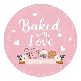 Baked with Love Stickers 120PCS 1.6 Inch Round Baking Labels for Cookies Cupcakes Dessert Table Treat Bags Gift Wrapping Birthday Party Candy Bags Homemade Packaging Small Business (Pink)