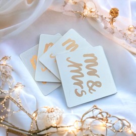MIJOMA Set of 4 Wooden Coasters, White with Golden 'Mr & Mrs' Print, 10 x 10 cm, 6 mm Material Thickness, Perfect for Wedding Gifts, Home Accessories and Table Decoration