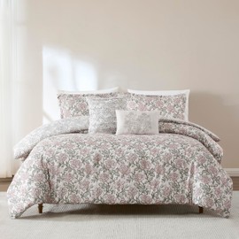 Lush Decor Zara Floral Block Reversible Comforter 5 Piece Set Full/Queen Misty Rose - Floral Comforter - Block Print Bedding Set - Vintage Coquette Decor
