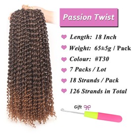 Samtress Passion Twist Hair 7 Packs Pre looped Bohemian Curly Twist Braiding Hair 18 Inch Omber Brown Water Wave Crochet Hair for Butterfly Locs Hot Water Setting Braiding Hair for Women (#T30)