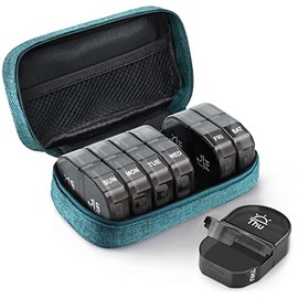 AUVON Canvas Bag Travel Pill Organizer 2 Times a Day, Large AM/PM Weekly Pill Box 7 Day Pill Case with Portable Cyan Zipper Cloth Bag for Holding Supp