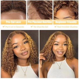 Highlight Wear and Go Glueless Wigs Human Hair Pre Plucked Pre Cut 4/27 Deep Curly Bob Wig Lace Front Wigs for Black Women Human Hair 180% Density 4x4 Lace Closure Glueless Bob Wigs Human Hair 14 Inch
