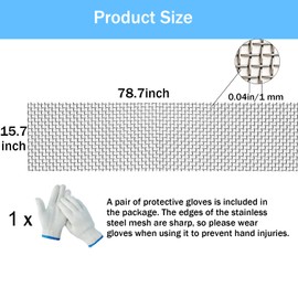 YLJNGUS 20 Mesh 304 Stainless Steel Mesh Screen - 15.7"x78.7"(40cmx200cm) Fine Wire Mesh with Protective Glove Window Screen Roll 1mm Hole Filter Mesh Woven Wire for Vent, Home, Prevent Mouse Mice