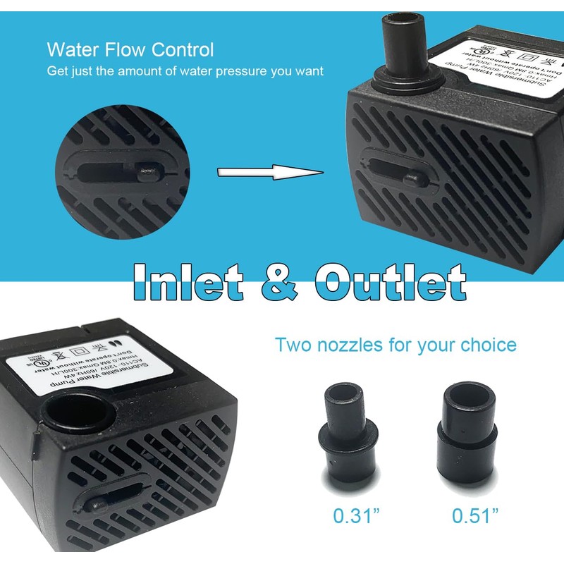 Submersible Quiet Fish Tank Pump 80GPH 2.6ft Lift 4W 110V