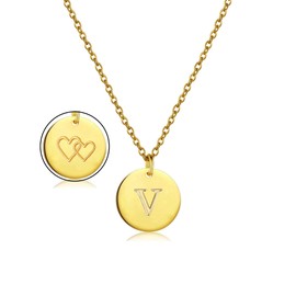 Gold Coin Necklace,Women Dainty Initial Letter Hearts Stainless Disc Round Pendant Necklace With Alphabet Hearts,Initial V Necklace