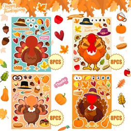 32 Sheets Thanksgiving Stickers, Thanksgiving Crafts for Kids, Make-A-Turkey Stickers for Kids Thanksgiving Party Favors Decorations Games Supplies