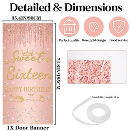 16th Birthday Decorations Banner Girl - Rose Gold Happy 16 Years Old Birthday Party Door Porch Sign, Glitter Sweet Sixteen Door Hanging for Party Decoration Supplies