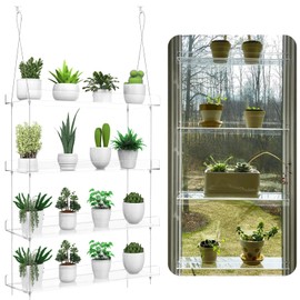 ZerzSemp 4-Tier Hanging Clear Plant Shelves for Windows, Acrylic Window Wall Plant Stand Shelf for Kitchen Indoor Gardens, Flower,Herb, Seedling Organization, and Pots Display, 16 Inch per Tier