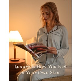 NAP BOUND 100% Cotton Pajamas for Women 2 Piece PJs Set Light Blue S Long Sleeve with 3 Pockets Sleepwear (LightBlue,S)