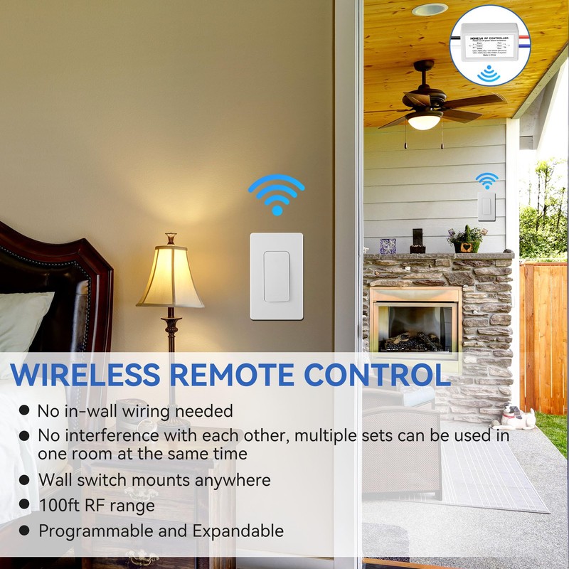 Hohean Wireless Light Switch and Receiver Kit, No in Wall