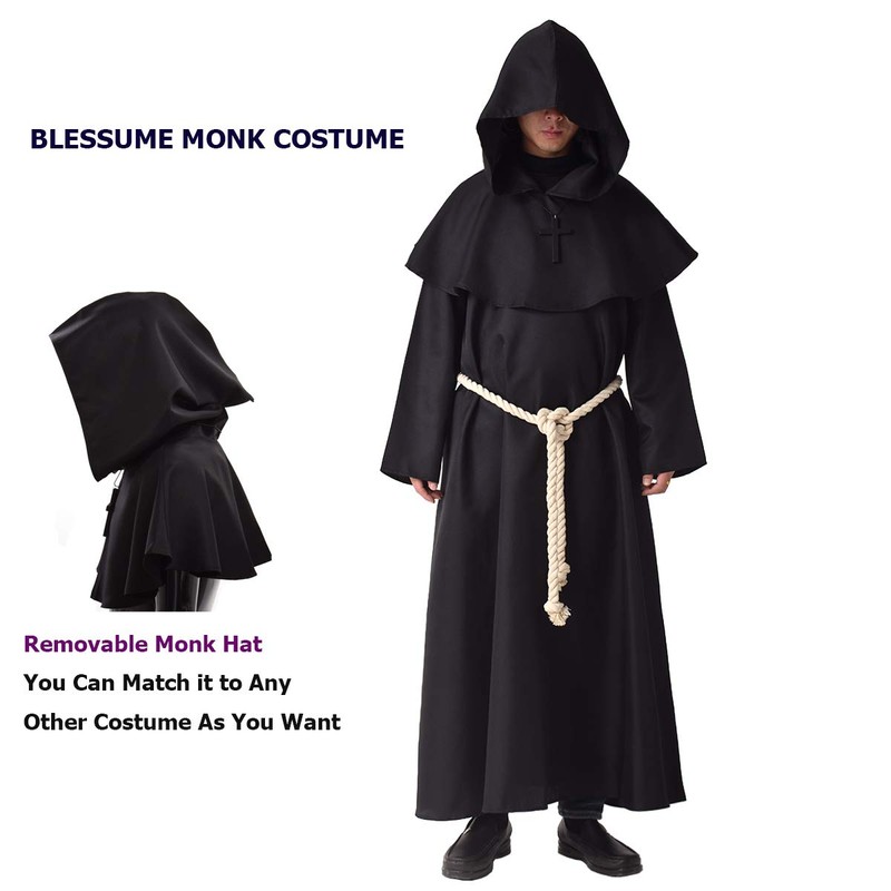 BLESSUME Monk Costume Medieval Robe Priest Hooded Renaissance Friar Cowl