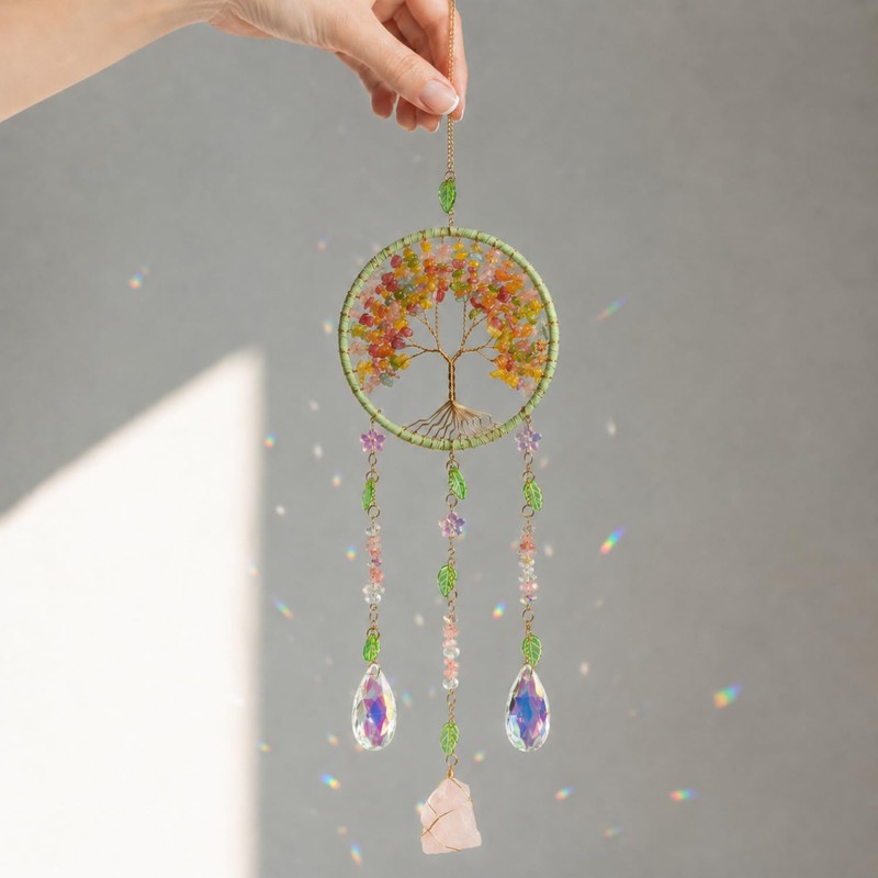 Tree of Life Crystal Suncatcher with Rose Quartz, Crystal Decor