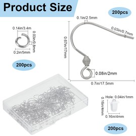 SOFPLATE 1 Box 200Pcs Fish Hook Earring Wires Silver Earring Hooks Bulk Stainless Steel Earwires with Ear Nut and Jump Ring Dangle Ball Dot Earring Wires for jewellery Making Supplies DIY Craft Beginn