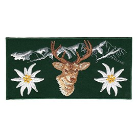 Alpen Mountains Green Deer Edelweiss Iron-On Patch Appliqué for Clothing Embroidered Iron-On Patch Flower Costume Bavaria Patch Size 13 x 6.5 cm