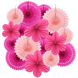 17 Pcs Hanging Pink Party Decoration, VEGCOO Paper Party Decorations Round Flower Fan Decorations, Pink Honeycomb Decoration Paper Fans for Birthday Wedding Baby Shower Neon Party Wall Ceiling Decor