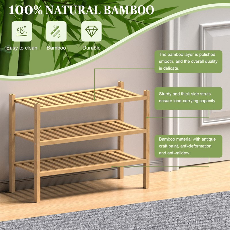 ROMGUAR CRAFT (Thick Bamboo Shoe Rack for Entryway, 3-Tier Free