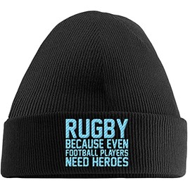 Hippowarehouse Rugby Because Even Football Players Need Heroes Embroidered Beanie Hat Black with Baby Blue Stitch