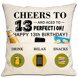 13th Birthday Gift Decorations Gift for 13 Years Old Girls Boys Cushion Cover 18x18 Inch with 3 Pockets for Birthday 13th Birthday Cushion Cover Daughter Son Granddaughter Grandson Gift(13th birthday)
