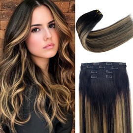 Munx 22inch Omber Hair Extensions Clip in Human Hair Black with Blonde Balayage Lace Weft Hair Extensions Human Hair for White Women 4pcs 100g Soft Sillky Straight Omber Highlight Extensions