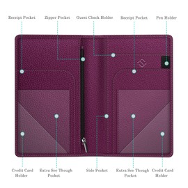Fintie Server Book Organizer with Zipper Pocket, PU Leather Restaurant Guest Check Presenters Card Holder for Waitress, Waiter, Bartender (Purple)