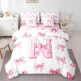 Erosebridal Initial Letter N Bed in A Bag with Sheets Pink Monogrammed Bowknot Twin Comforter Set 7 Piece,Dreamy Princess Bow Bedding Set for Kids Girls Teen Women,Cute Girly Bowknot Bed Set