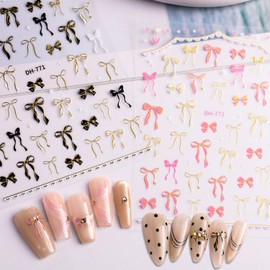 Black Gold Pink Gold Bow Nail Stickers, 5D Embossed Bow Nail Decals Bowknot Nail Art Stickers for Women Acrylic Nail Manicure Accessories