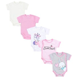 TupTam Baby Bodysuit Girls Set of 5 - Short Sleeve Wrap Bodysuit Made of Cotton with Print, Breathable and Skin-friendly, Stripes Giraffe Rabbit Pink White Grey
