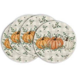 Artoid Mode Orange Pumpkins Fall Round Placemats Set of 4,15 Inch Eucalyptus Thanksgiving Seasonal Round Place Mats for Party Dining Decoration