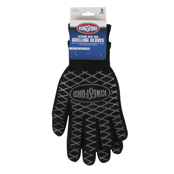 Kingsford Extreme Heat BBQ Grill Gloves, 2 Count | Heat Resistant Barbecue Gloves | The Ultimate Heat Barrier Silicone Grilling Gloves with Anti-Slip Safe Grip, Black, 1 Size Fits All