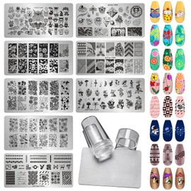 LoveOurHome 8pc Nail Art Stamping Kit Heart Butterfly Plain Nail Stamps Plate Template Stencil with Silicone Stampers Scraper French Manicure Design Supplies