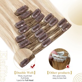 Elailite Clip in Hair Extensions Real Human Hair Double Weft Thick Remy Natural Hair Blonde - 8 Pieces Full Head Straight - #18/613 Ash Blonde Mix Bleach Blonde - 16 Inch (130 g)