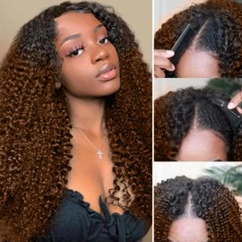Black Root Ombre Highlight Brown Curly V Part Wigs Human Hair Upgrade U Part Wigs Human Hair for Women 1B/30 Color Highlights Brown Kinky Curly V Part Wigs No Leave Out Curly Wigs 22Inch
