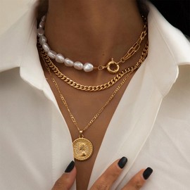 Gold Necklace for Women Layered Pearl Necklaces Trendy Dainty 14K Gold Plated Necklace Stack Layered Paperclip Chain Pearl Necklaces Set Christmas Gifts Trendy Stocking Stuffers