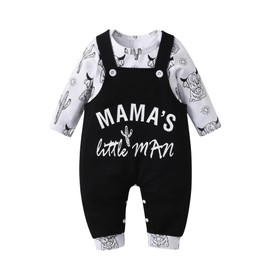 Sinipart Newborn Baby Boys Animals Clothes Suit Set Infant Long Sleeve Letter Print Rompers Overalls Suspender Pants Outfits White 3-6 Months