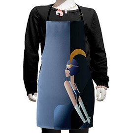 Ambesonne Retro Apron, 20s Style Short Hair Flapper Girl with Pearl Necklace and Hair Band, Small Apron Bib with Adjustable Ties for Baking Painting, Small Size, Blue Grey and Dark Blue