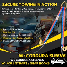 FITHOIST V-Bridle Tow Strap(Red&Blue) 2" x 6' with Snap Hooks, Cordura Sleeve, and Axle Straps, D-Ring for Enhanced Stability, Recovery Strap 5500lbs Load for Car Towing, Rollback, Flatbed, Tow Truck