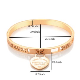 Gold Bangle Bracelets for Women with Dangling Charm, 6.5 inches 18k Gold Plated Cubic Zirconia Stainless Steel Dainty Stacking Thin Bangle with Heart Charm Jewelry (rosegold)