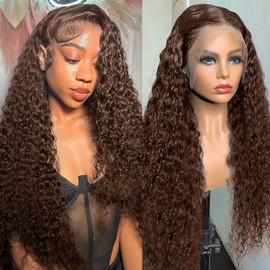 CHEETAHBEAUTY #4 Chocolate Brown Deep Wave 13X6 HD Transparent Lace Front Wigs Brazilian 10A Grade Deep Curly Human Hair Wigs for Black Women Pre Plucked with Baby Hair 250% Density(22inch)