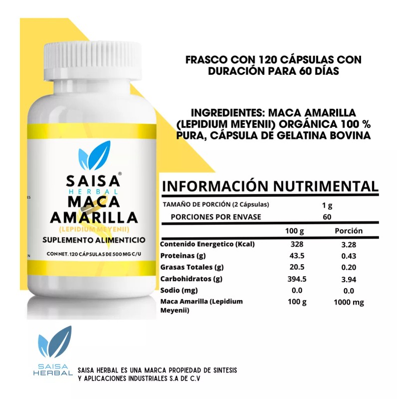 Saisa Herbal Maca Amarilla Orgánica 100% Pura Con 120 Cáp
