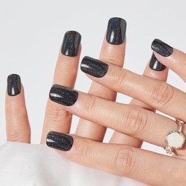 NGOZI eziezi No Glue Mani Press On Nails, Ready to Wear Manicure, Self Stick Nails, Stick on False Nails Square, Short Press On Nails, 12 Sizes - 24 Pcs, Glittery Black