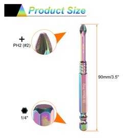 HARFINGTON 2pcs Impact Phillips Screwdriver Bit PH2 (#2) Anti Slip Teeth Tip 1/4" Hex Shank 3.5" (90mm) Long Magnetic Cross Screw Driver Colored Titanium Coated S6 Steel Industrial Drill Bits